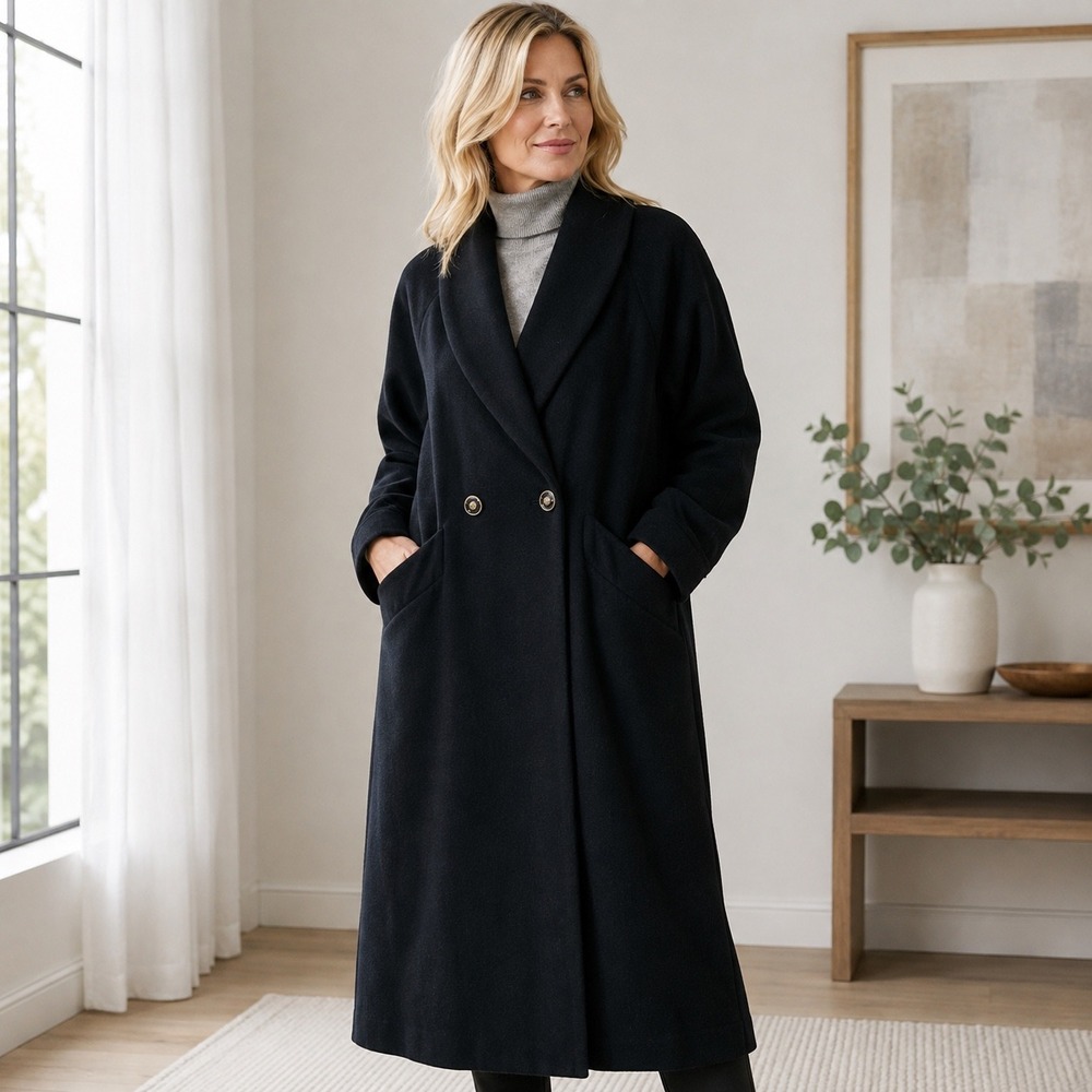 Andrea II Womens Black 100% Wool Double Breasted Shawl Collar Long Coat Size 8